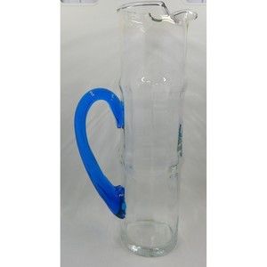 Bamboo Optic Paneled Clear Glass Cocktail Pitcher Blue Ribbed Handle